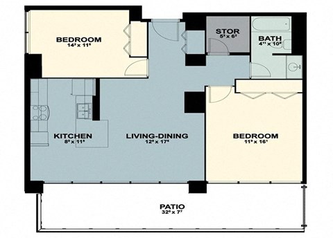 Floor plan for 2 beds, 1 bath, 953 sqft